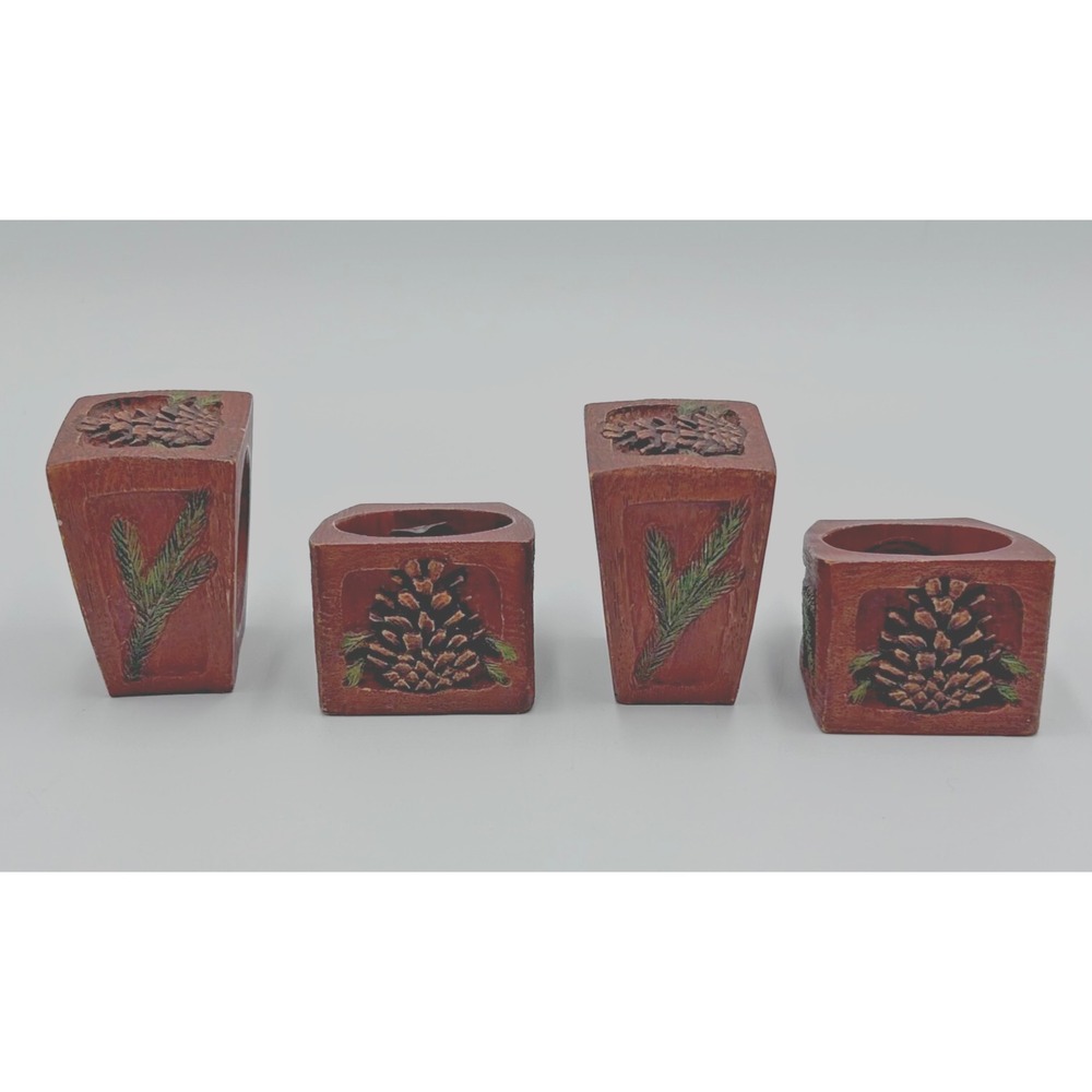 Set of 4 Big Sky Carvers Wood Napkin Rings w/ Pine Cone & Stem on Sides